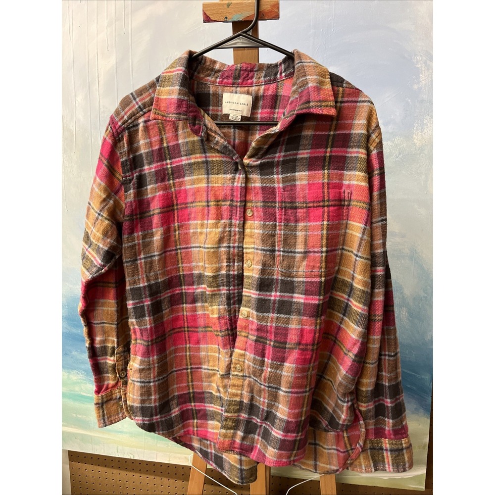 American Eagle AEO Boyfriend Fit Beige & Pink Plaid Long Sleeve Flannel S